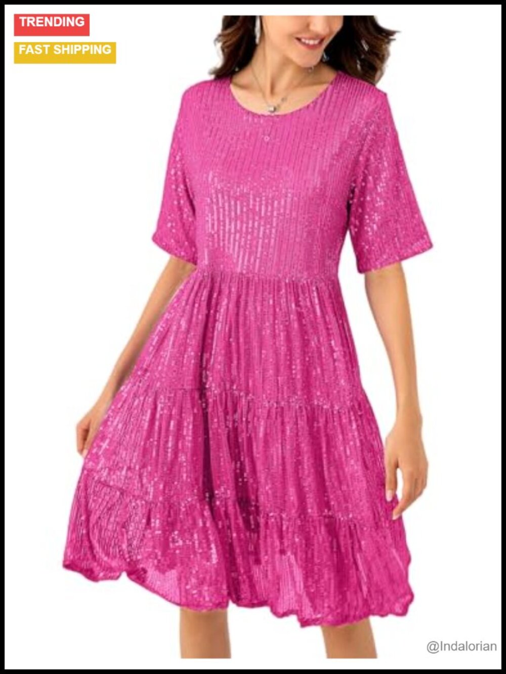 Sequin Babydoll Summer Dress Sparkly Glitter Short Flowy Tiered Tunic for Women
